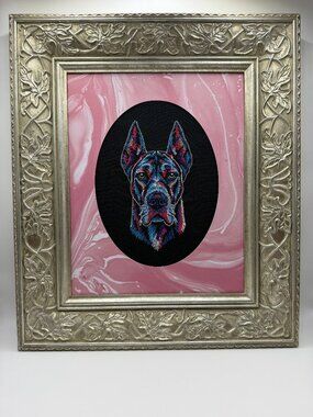 Homemade Vibrant Great Dane Framed Embroidery Art 8X10